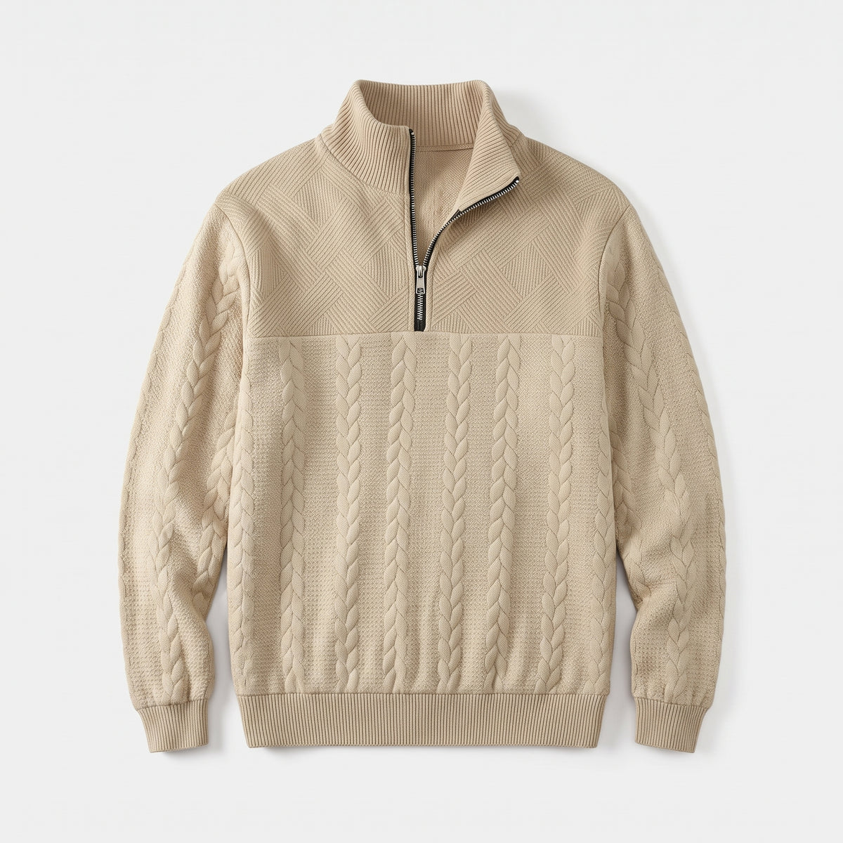 Herren Zopfstrick-Troyer mit Quarter-Zip – Regular Fit — Beige