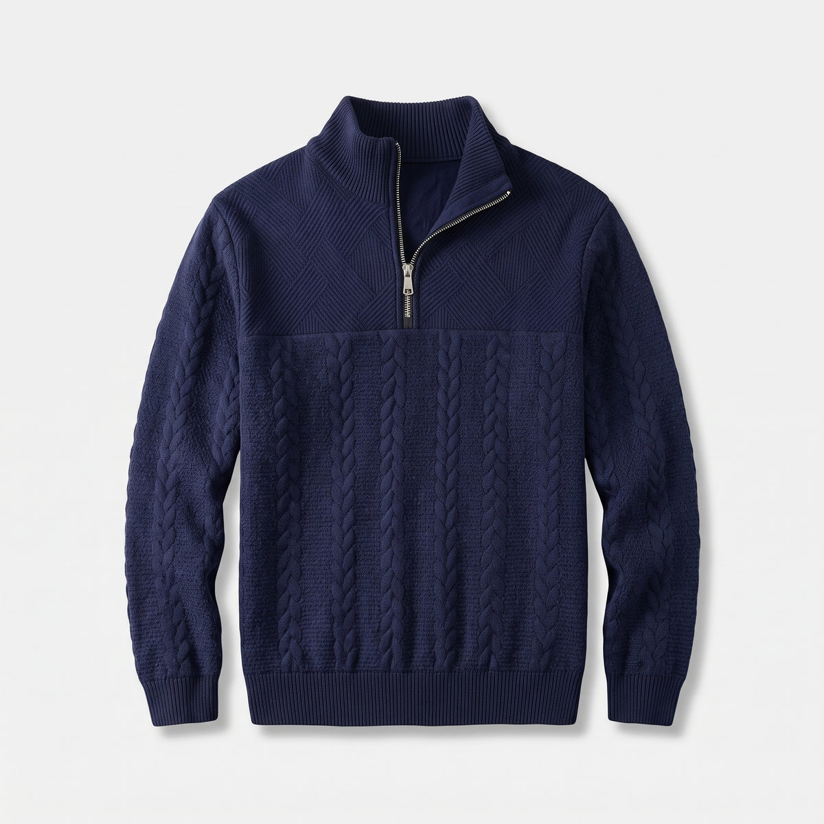 Herren Zopfstrick-Troyer mit Quarter-Zip – Regular Fit — Blau