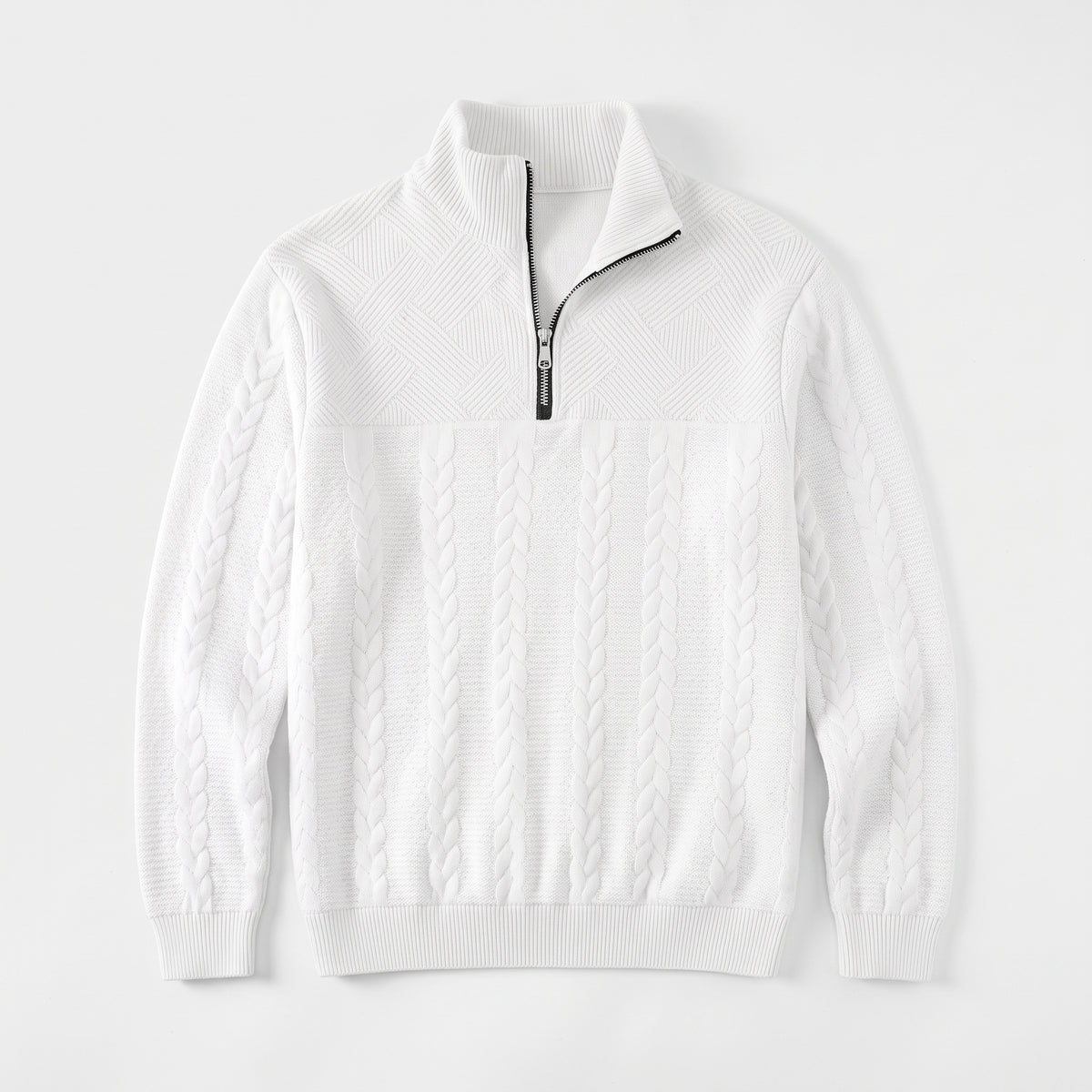 Herren Zopfstrick-Troyer mit Quarter-Zip – Regular Fit — Weiß
