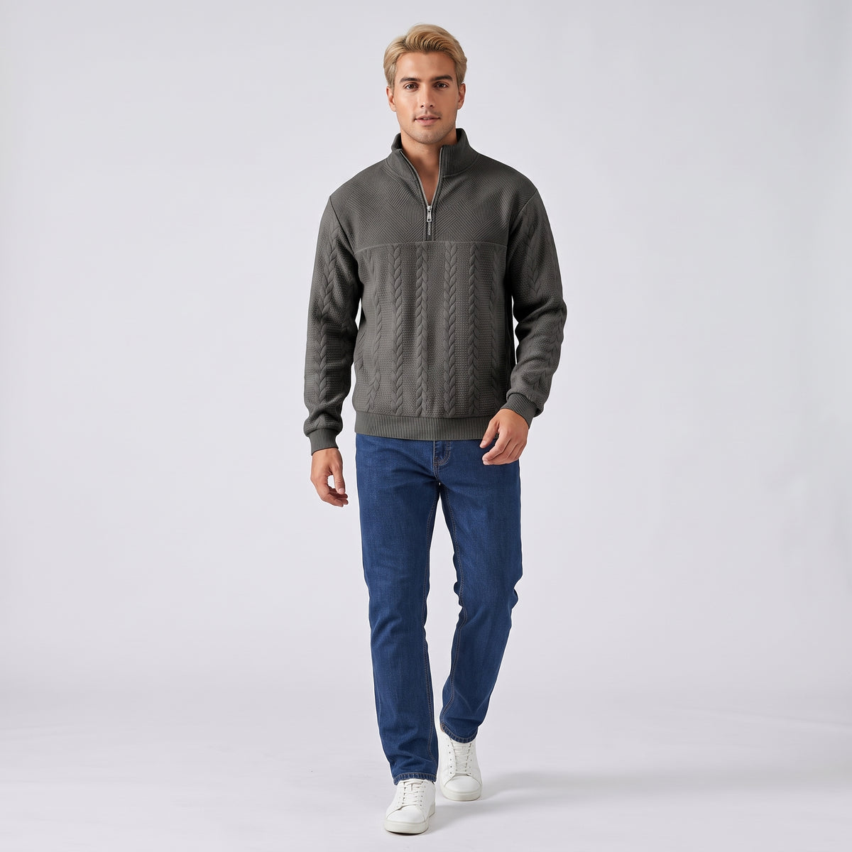 Herren Zopfstrick-Troyer mit Quarter-Zip – Regular Fit — Schwarz