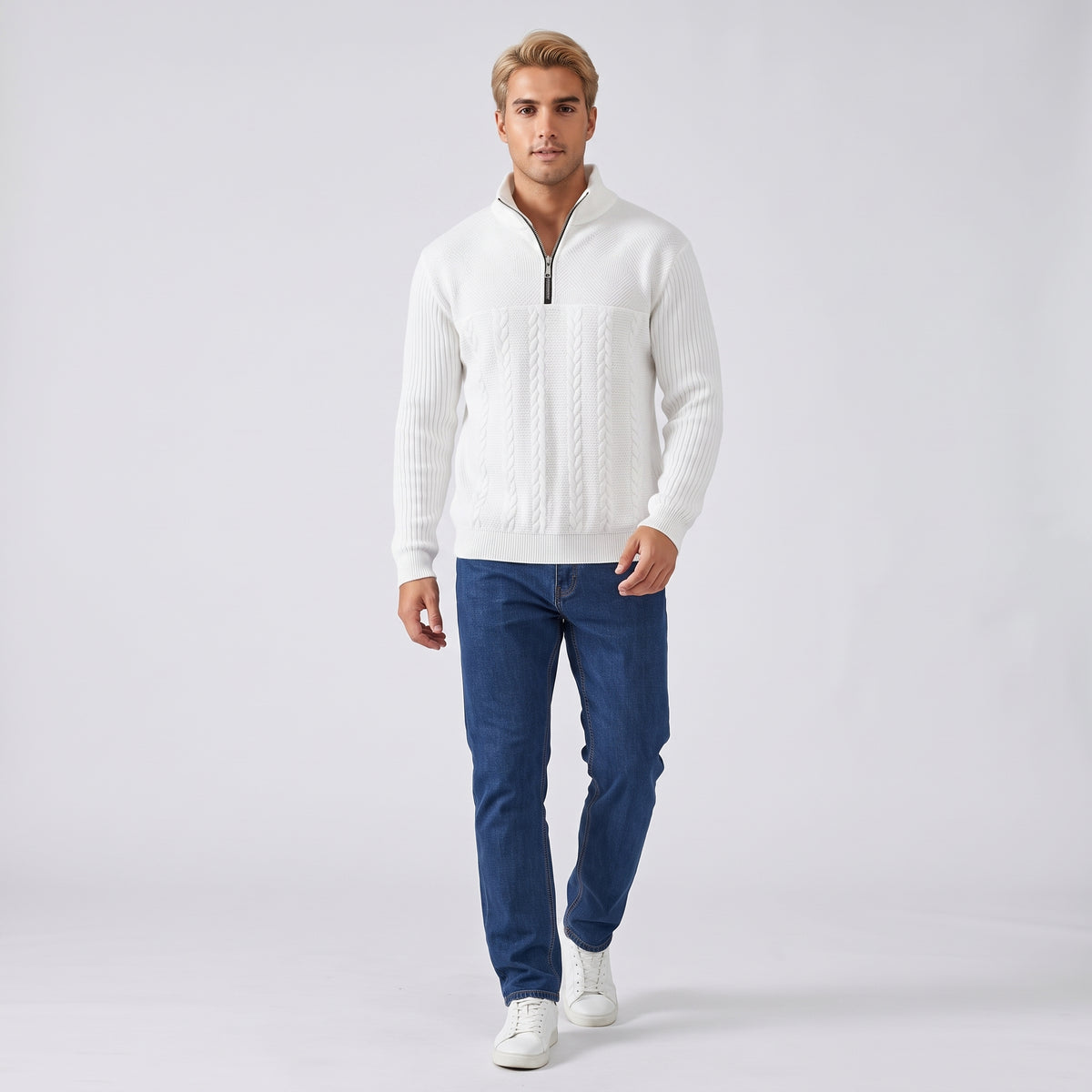 Herren Zopfstrick-Troyer mit Quarter-Zip – Regular Fit — Weiß
