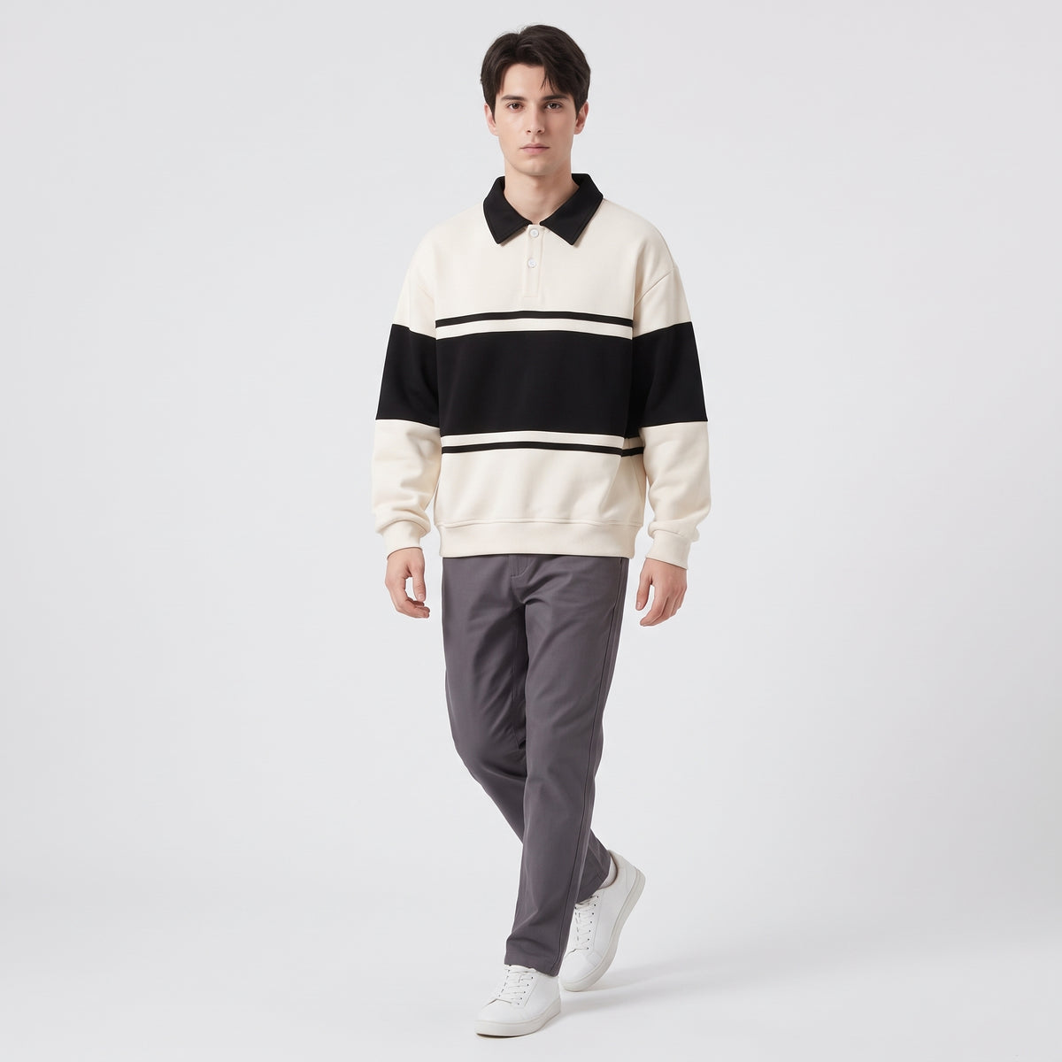 Herren Langarm-Poloshirt mit Kontraststreifen – Regular Fit — Offwhite