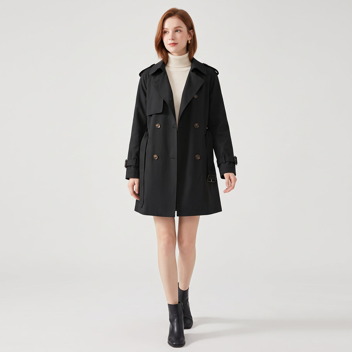 Damen Zweireihiger Trenchcoat mit Reverskragen – Regular Fit — Schwarz