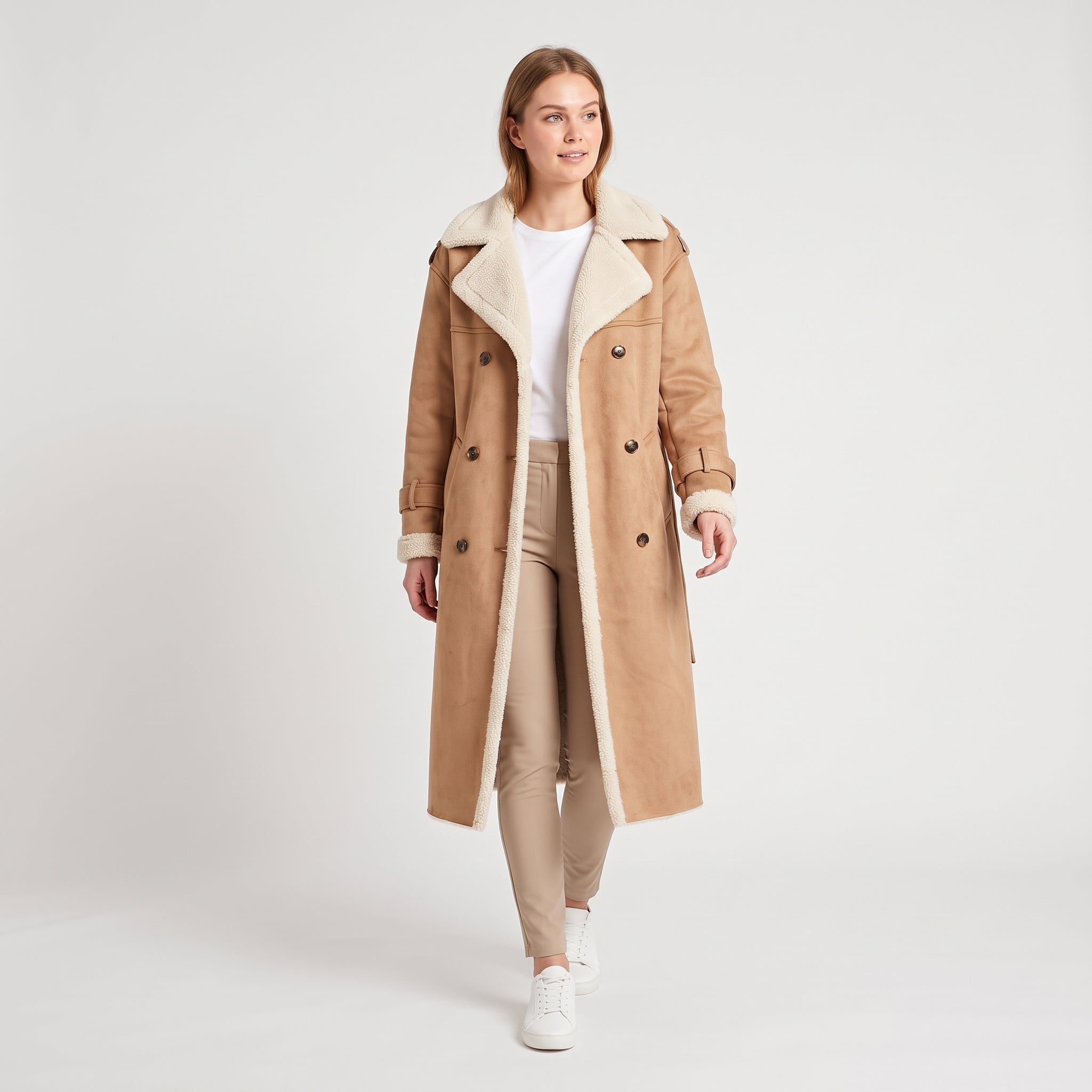 Damen Winter-Trenchcoat mit Teddyfutter – Regular Fit — Beige
