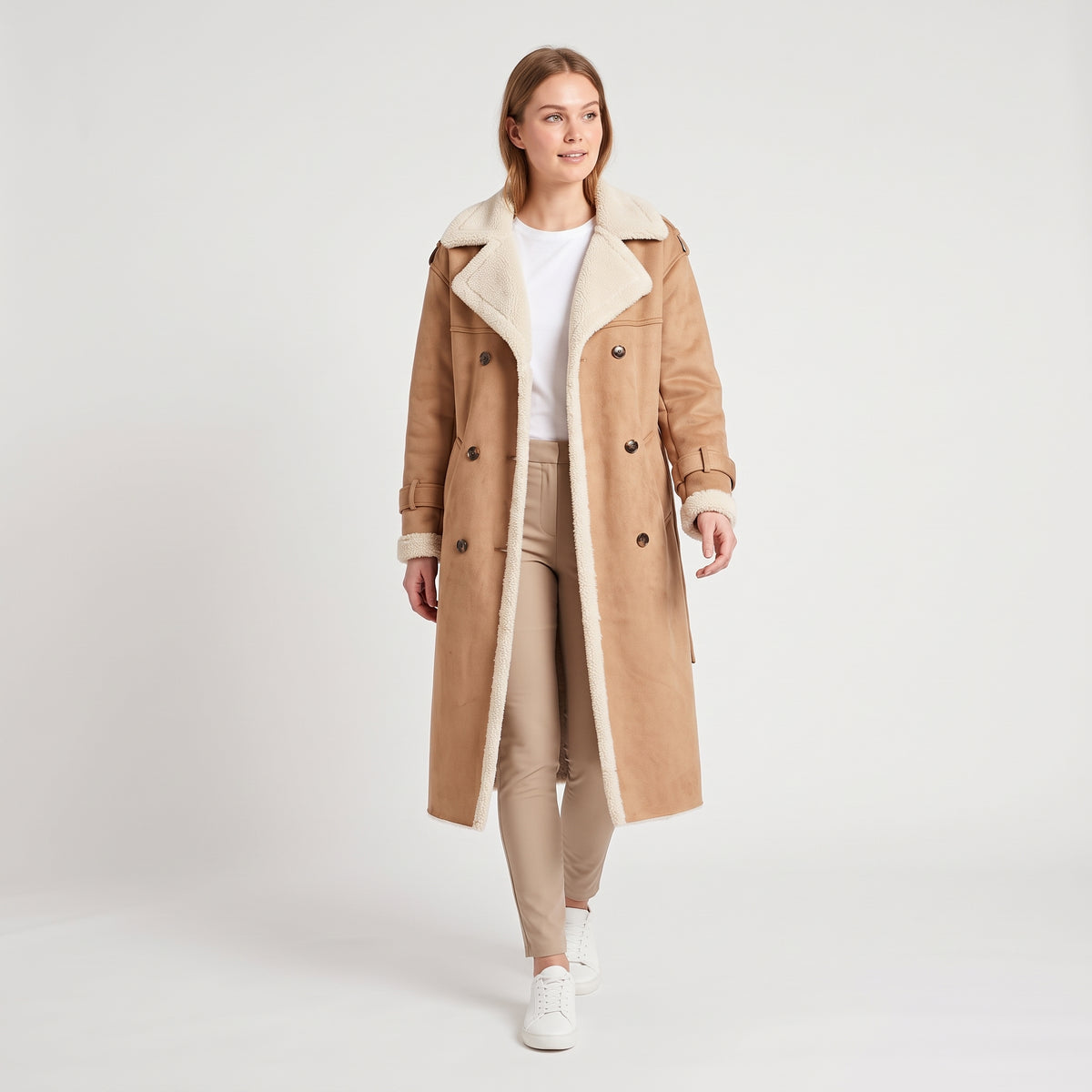 Damen Winter-Trenchcoat mit Teddyfutter – Regular Fit — Beige