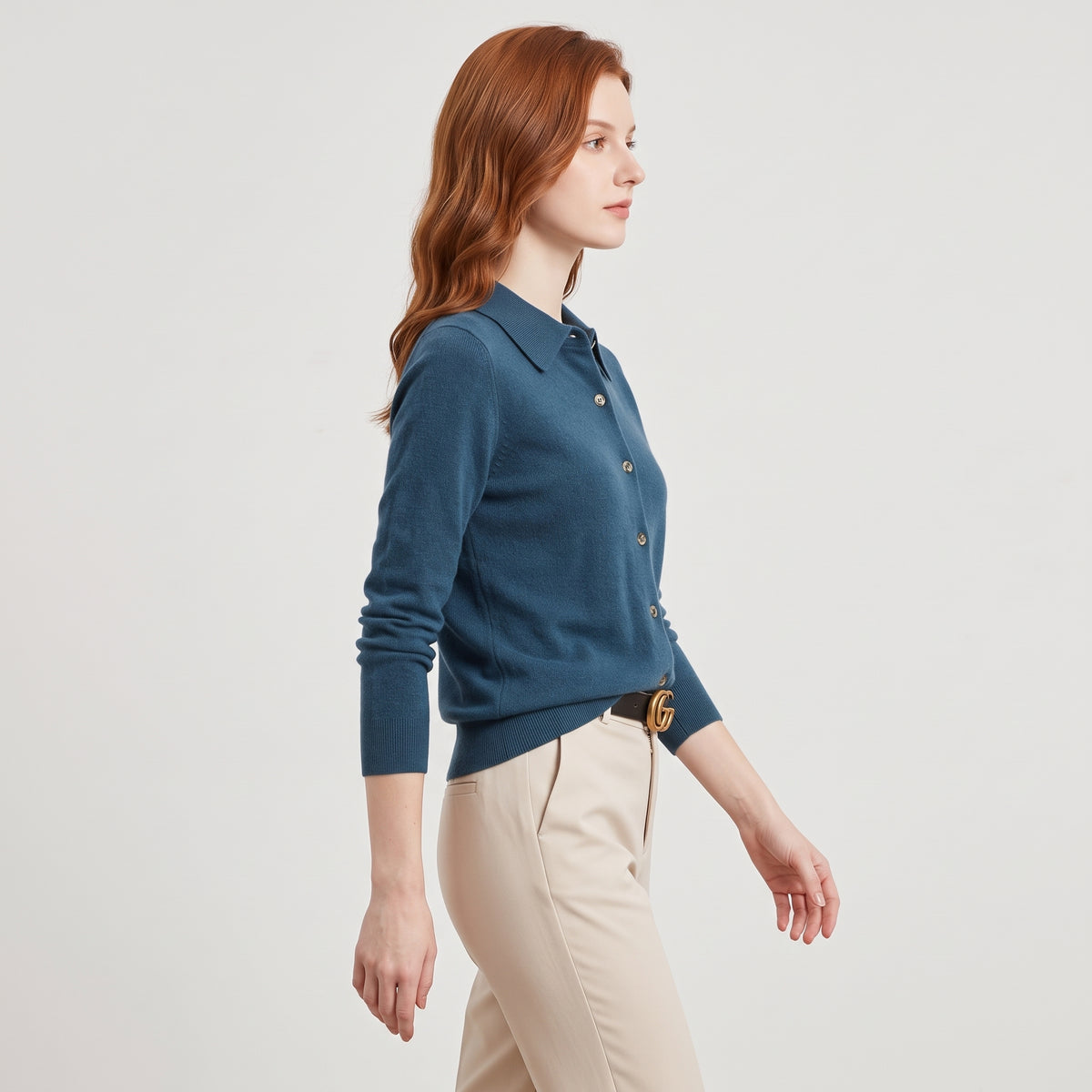 Damen Woll-Strickjacke mit Polokragen – Regular Fit — Marineblau