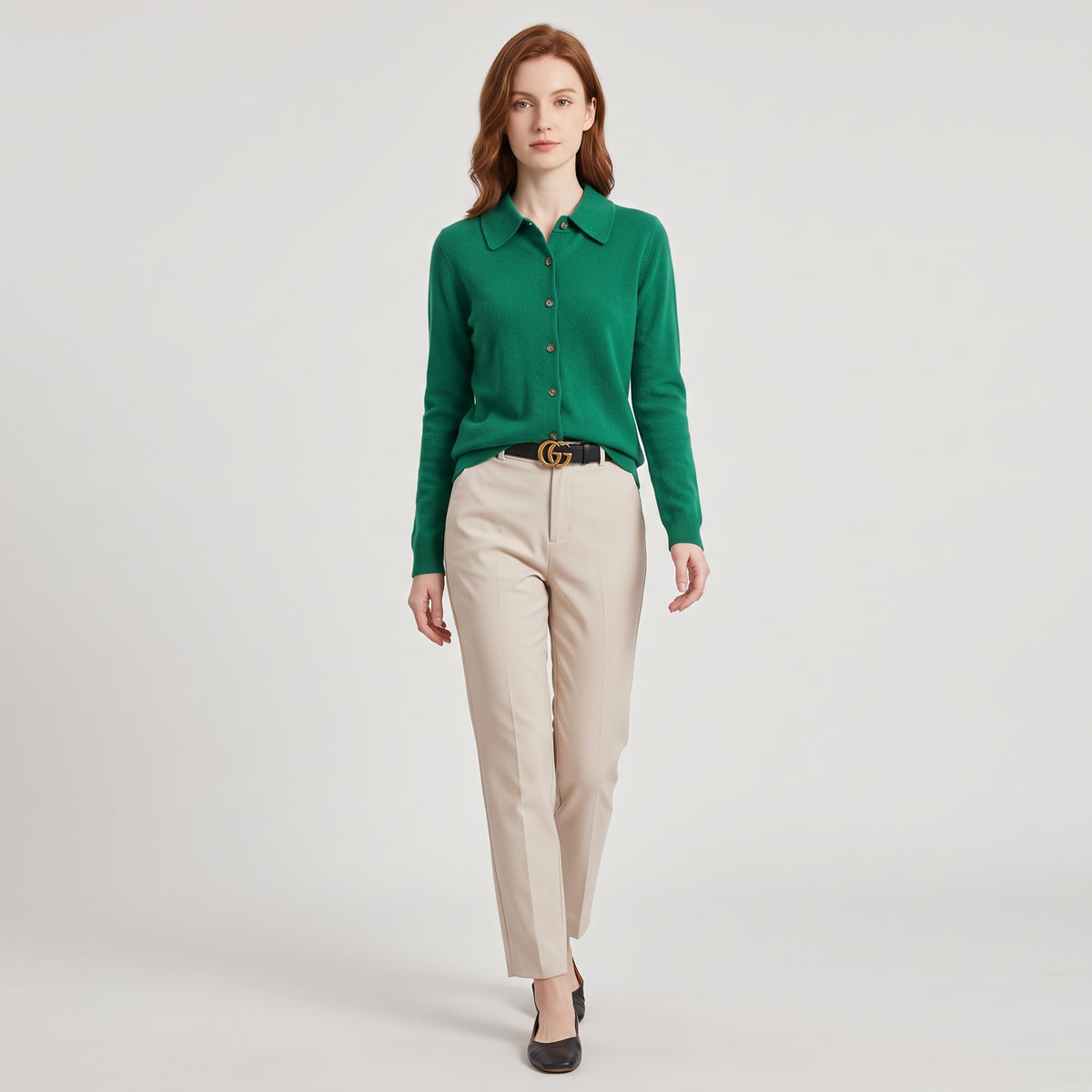 Damen Woll-Strickjacke mit Polokragen – Regular Fit — Grün