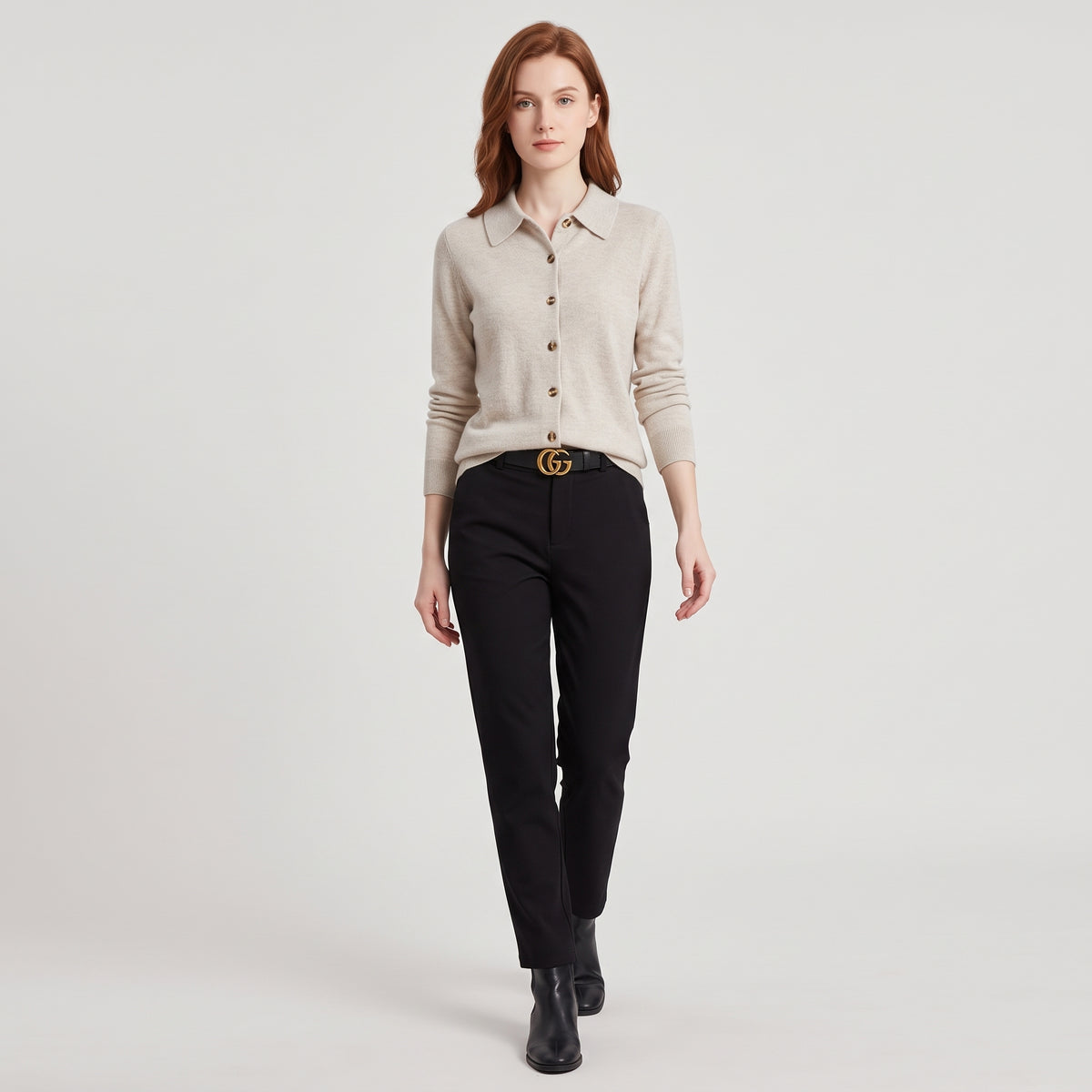 Damen Woll-Strickjacke mit Polokragen – Regular Fit — Elfenbein