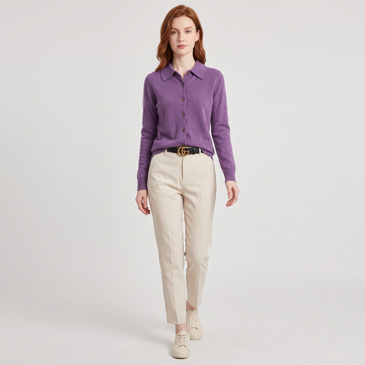 Damen Woll-Strickjacke mit Polokragen – Regular Fit — Violett