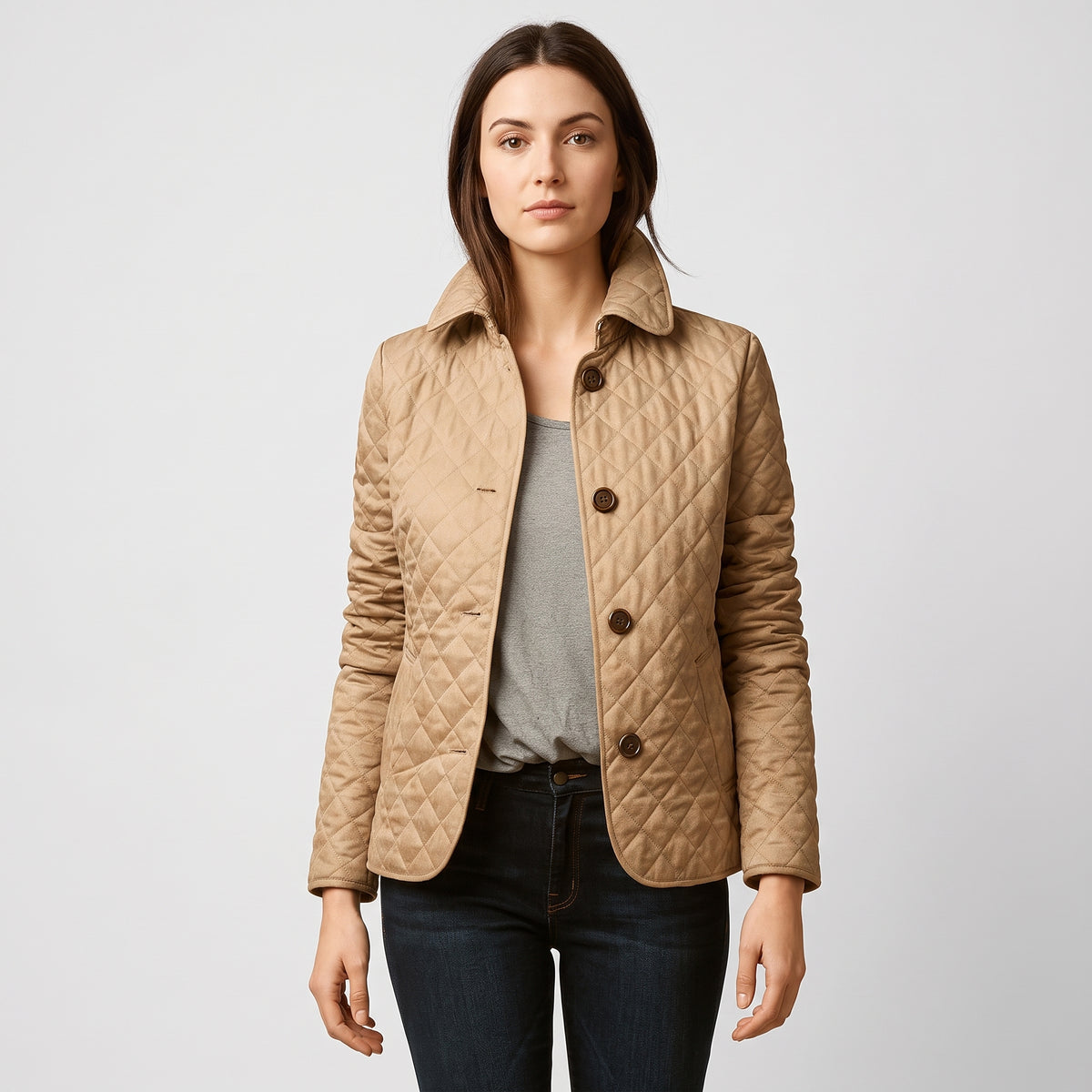 Damen Rauten-Steppjacke mit Knopfleiste – Regular Fit — Khaki