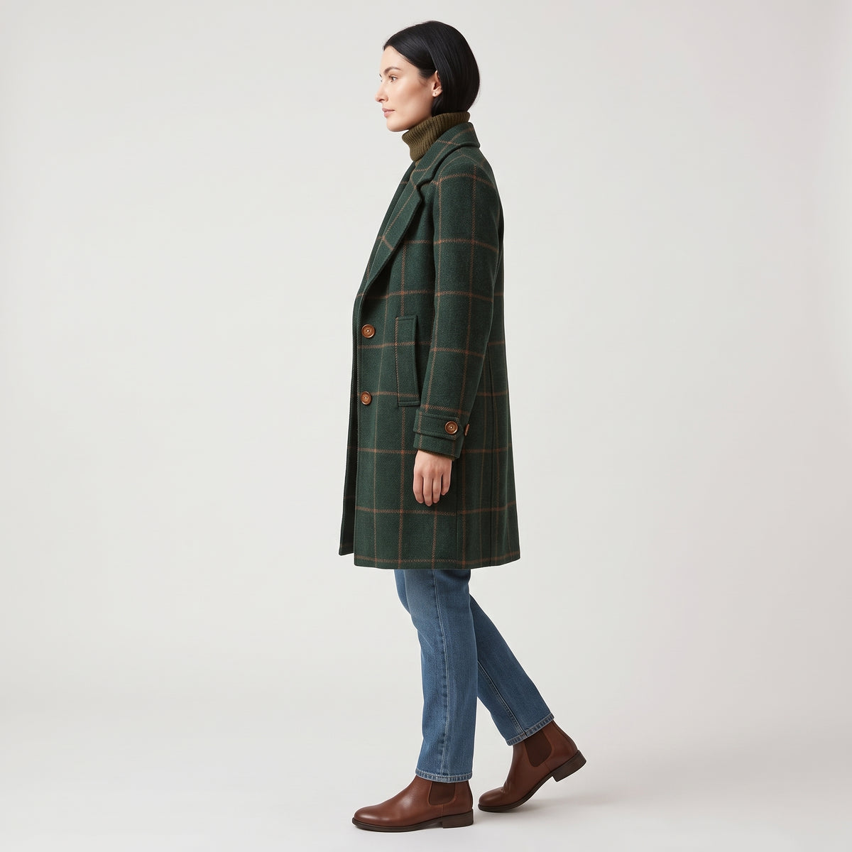 Damen Karierter Wollmantel mit Reverskragen – Regular Fit