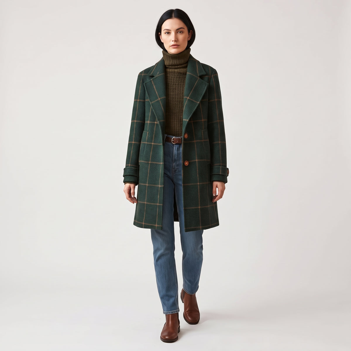 Damen Karierter Wollmantel mit Reverskragen – Regular Fit