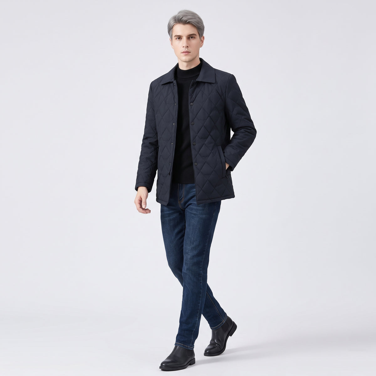 Herren Rauten-Steppjacke mit Umlegekragen – Regular Fit — Blau