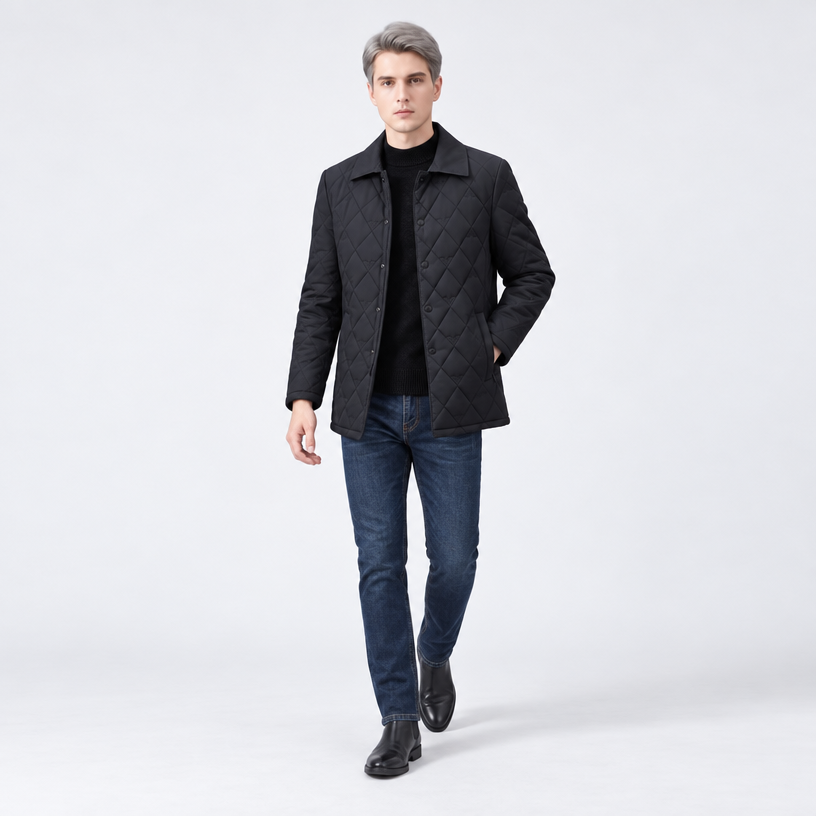 Herren Rauten-Steppjacke mit Umlegekragen – Regular Fit — Schwarz