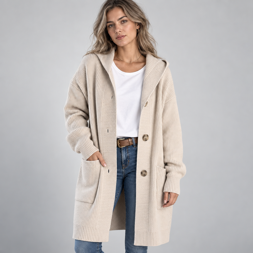 Damen Longcardigan mit Kapuze – Relaxed Fit — Beige