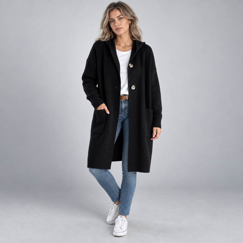 Damen Longcardigan mit Kapuze – Relaxed Fit — Schwarz