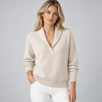 Damen Strickpullover mit Schalkragen und V-Ausschnitt – Relaxed Fit — Creme