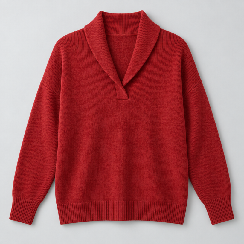 Damen Strickpullover mit Schalkragen und V-Ausschnitt – Relaxed Fit — Rot