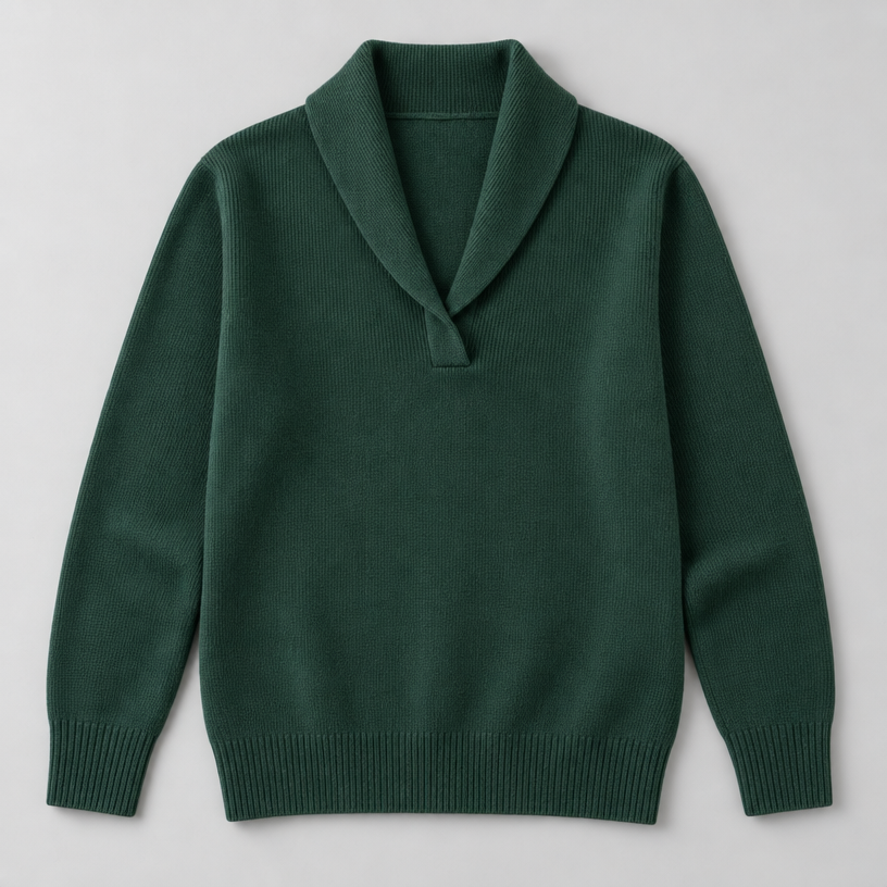 Damen Strickpullover mit Schalkragen und V-Ausschnitt – Relaxed Fit — Grün