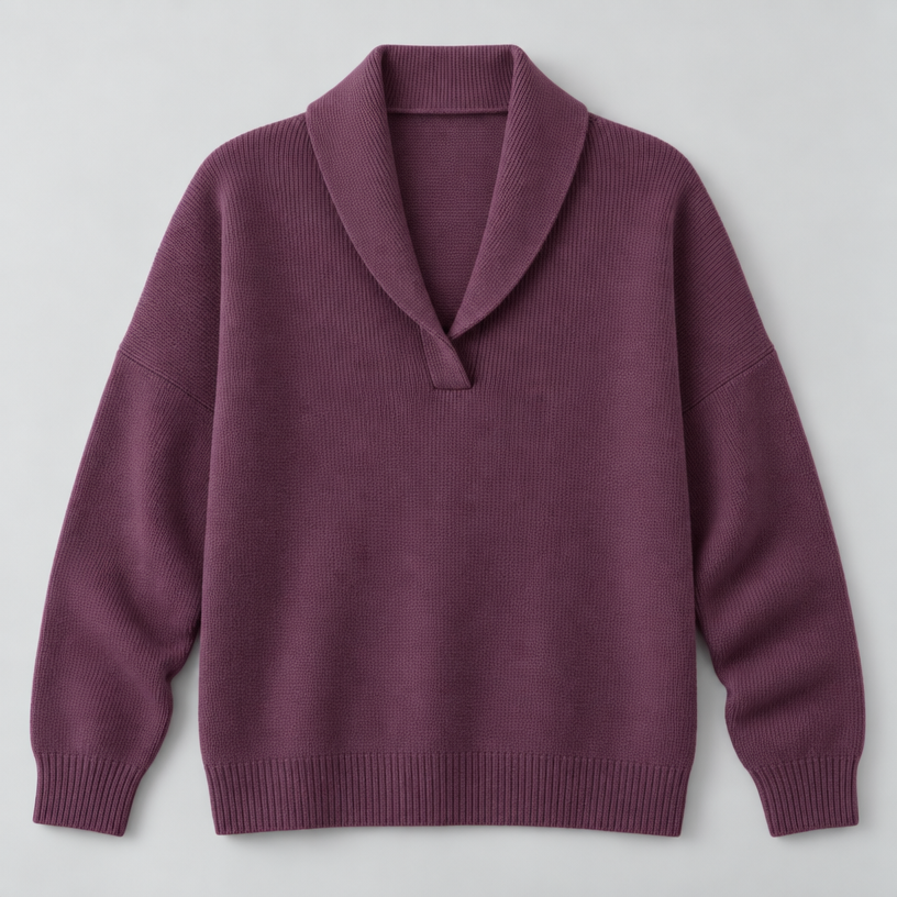 Damen Strickpullover mit Schalkragen und V-Ausschnitt – Relaxed Fit — Lila