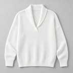 Damen Strickpullover mit Schalkragen und V-Ausschnitt – Relaxed Fit — Weiß