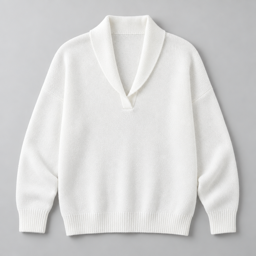 Damen Strickpullover mit Schalkragen und V-Ausschnitt – Relaxed Fit — Weiß