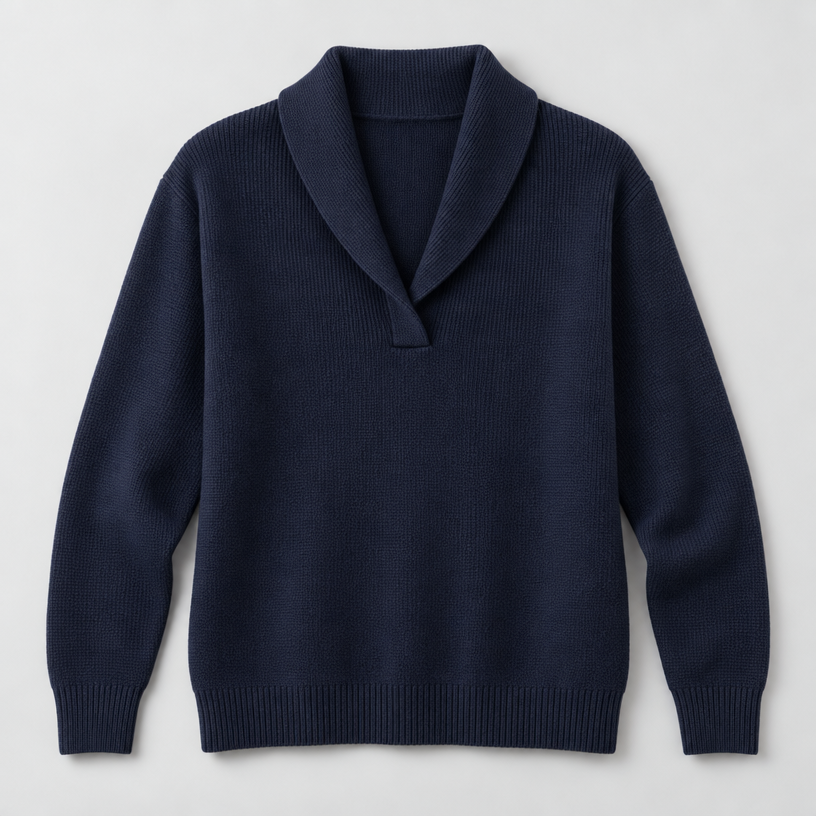 Damen Strickpullover mit Schalkragen und V-Ausschnitt – Relaxed Fit — Blau