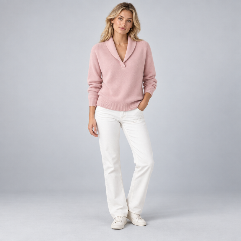 Damen Strickpullover mit Schalkragen und V-Ausschnitt – Relaxed Fit — Pink