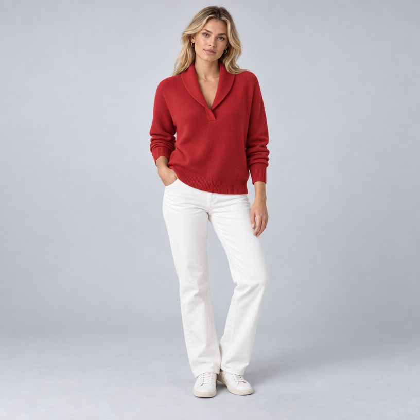 Damen Strickpullover mit Schalkragen und V-Ausschnitt – Relaxed Fit — Rot