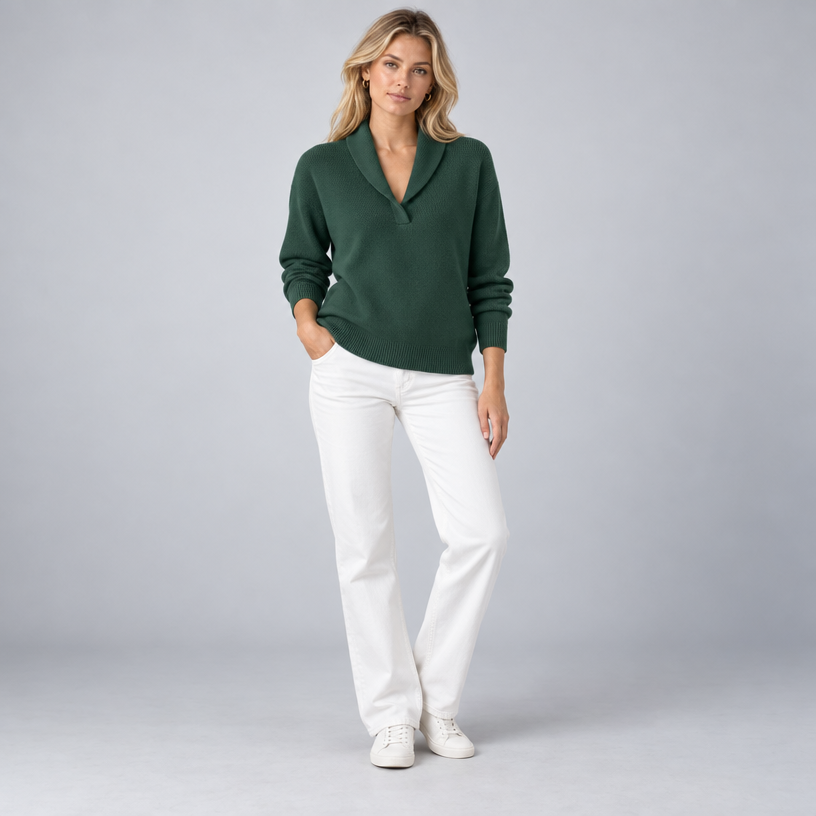 Damen Strickpullover mit Schalkragen und V-Ausschnitt – Relaxed Fit — Grün