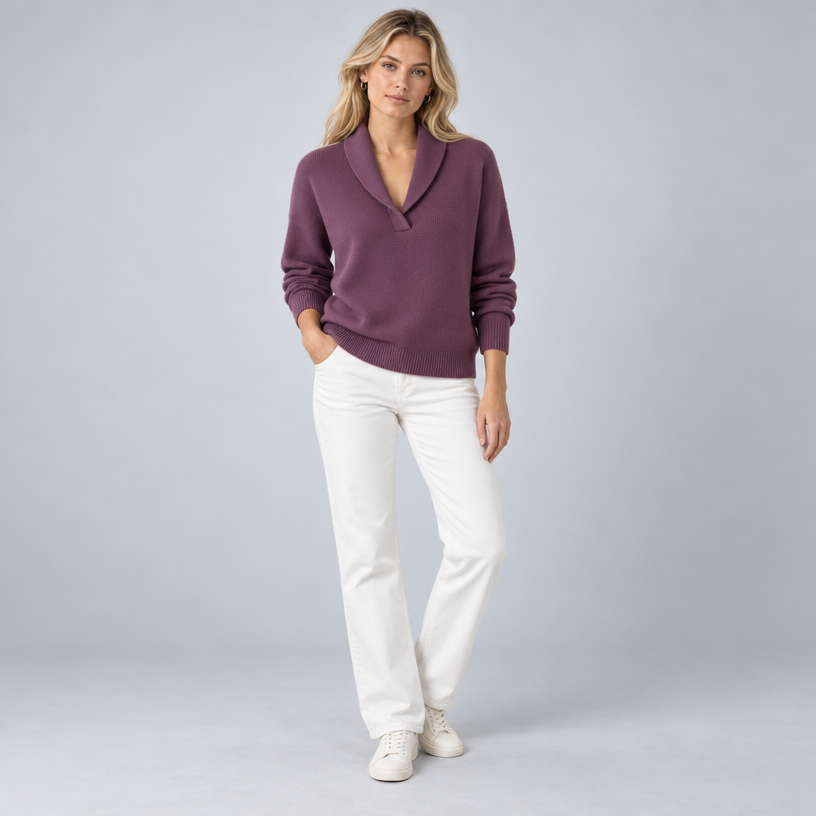 Damen Strickpullover mit Schalkragen und V-Ausschnitt – Relaxed Fit — Lila