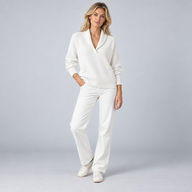 Damen Strickpullover mit Schalkragen und V-Ausschnitt – Relaxed Fit — Weiß
