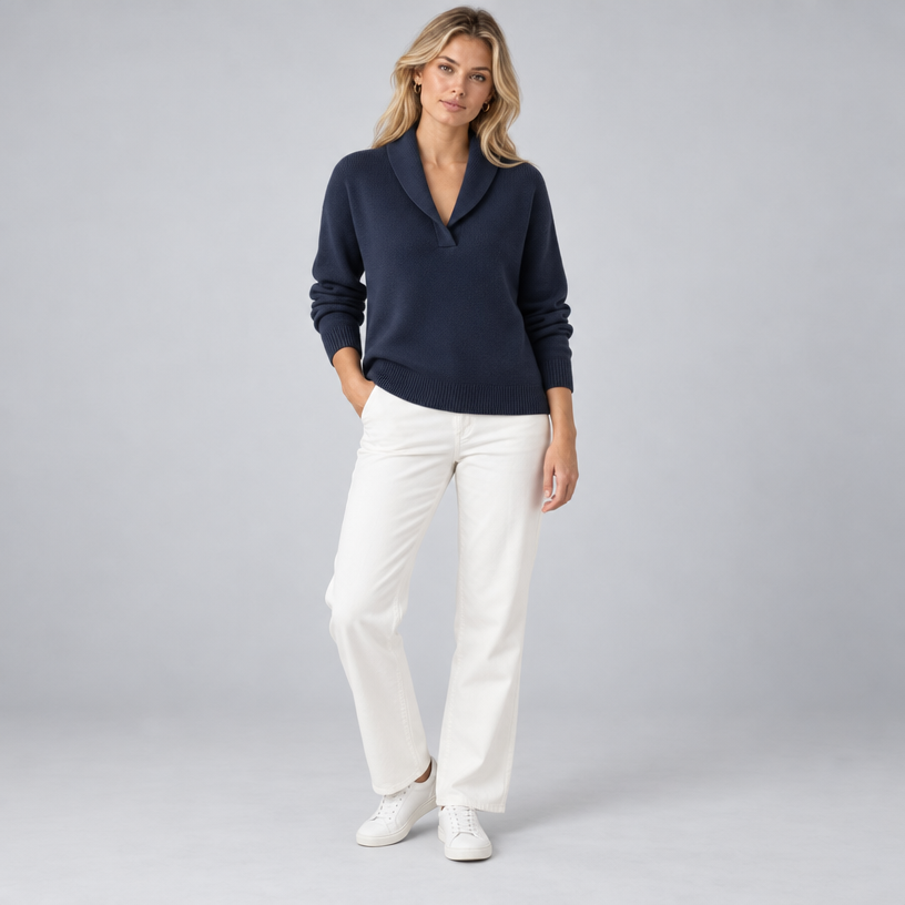 Damen Strickpullover mit Schalkragen und V-Ausschnitt – Relaxed Fit — Blau