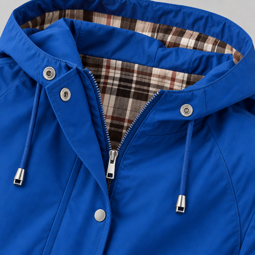 Damen Regenjacke mit Kapuze und Karofutter – Regular Fit — Blau