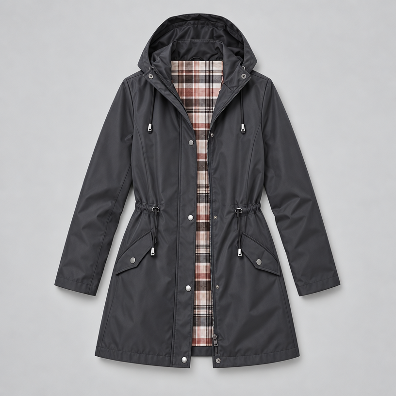 Damen Regenjacke mit Kapuze und Karofutter – Regular Fit — Dunkelgrau