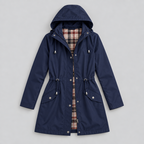 Damen Regenjacke mit Kapuze und Karofutter – Regular Fit — Marineblau