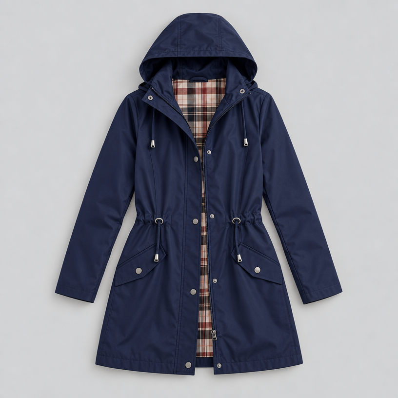 Damen Regenjacke mit Kapuze und Karofutter – Regular Fit — Marineblau