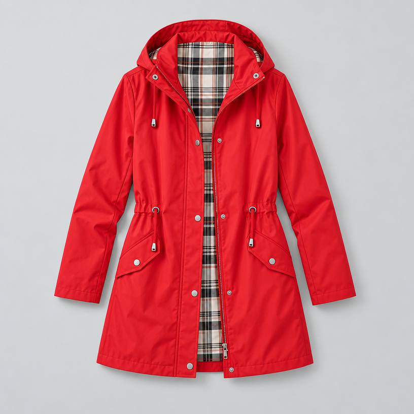 Damen Regenjacke mit Kapuze und Karofutter – Regular Fit — Rot