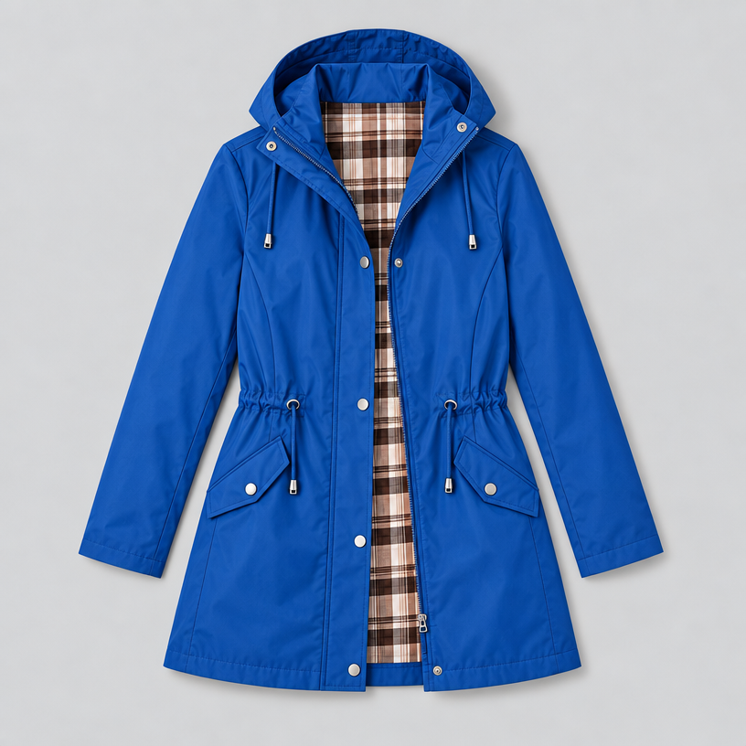 Damen Regenjacke mit Kapuze und Karofutter – Regular Fit — Blau