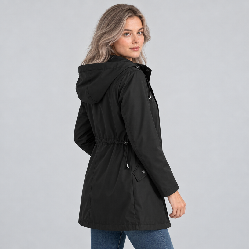 Damen Regenjacke mit Kapuze und Karofutter – Regular Fit — Schwarz