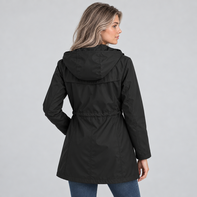 Damen Regenjacke mit Kapuze und Karofutter – Regular Fit — Schwarz