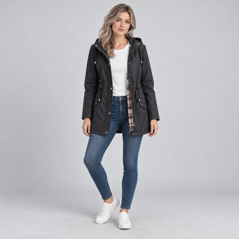 Damen Regenjacke mit Kapuze und Karofutter – Regular Fit — Dunkelgrau