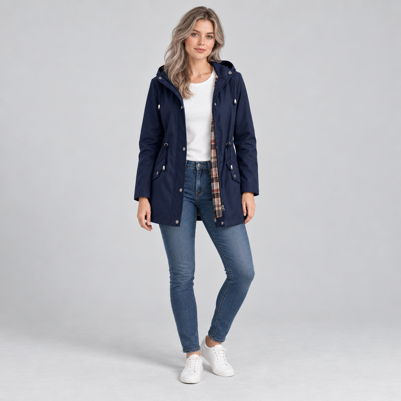 Damen Regenjacke mit Kapuze und Karofutter – Regular Fit — Marineblau