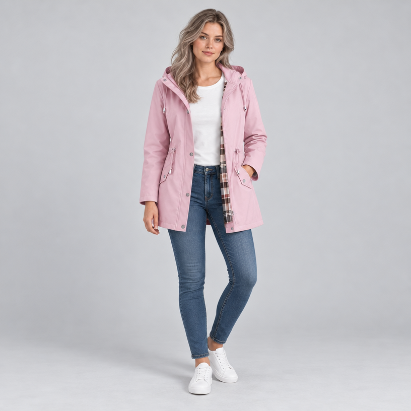 Damen Regenjacke mit Kapuze und Karofutter – Regular Fit — Rosa