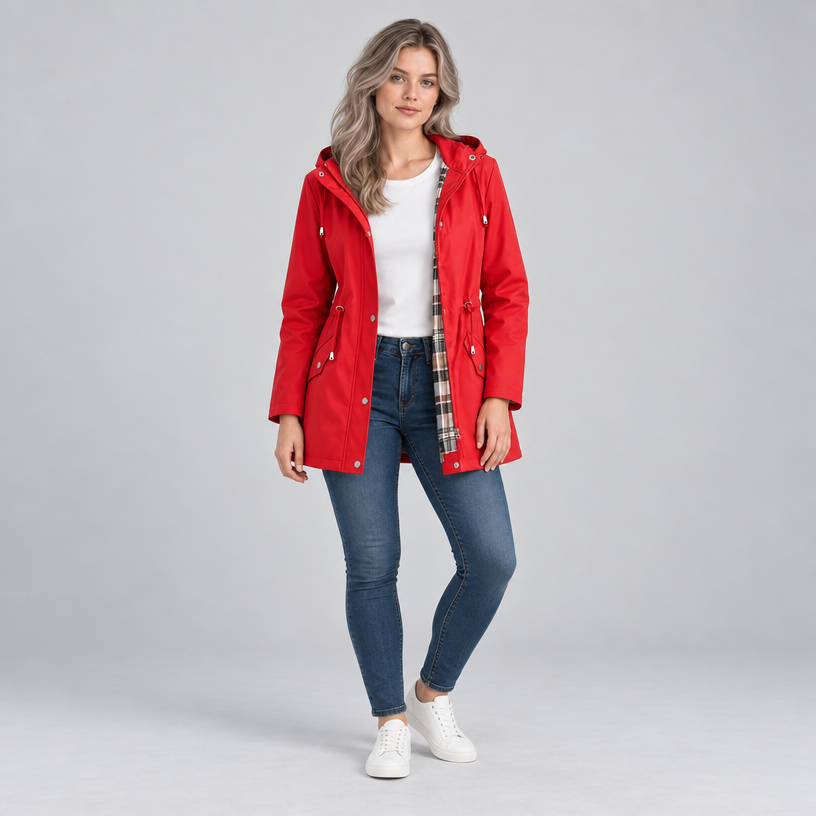 Damen Regenjacke mit Kapuze und Karofutter – Regular Fit — Rot