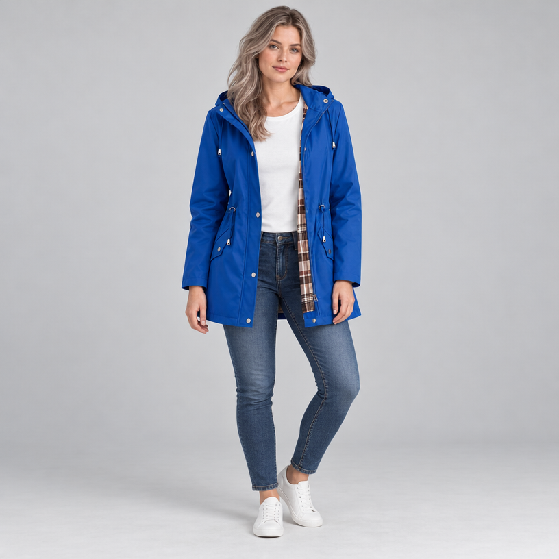 Damen Regenjacke mit Kapuze und Karofutter – Regular Fit — Blau