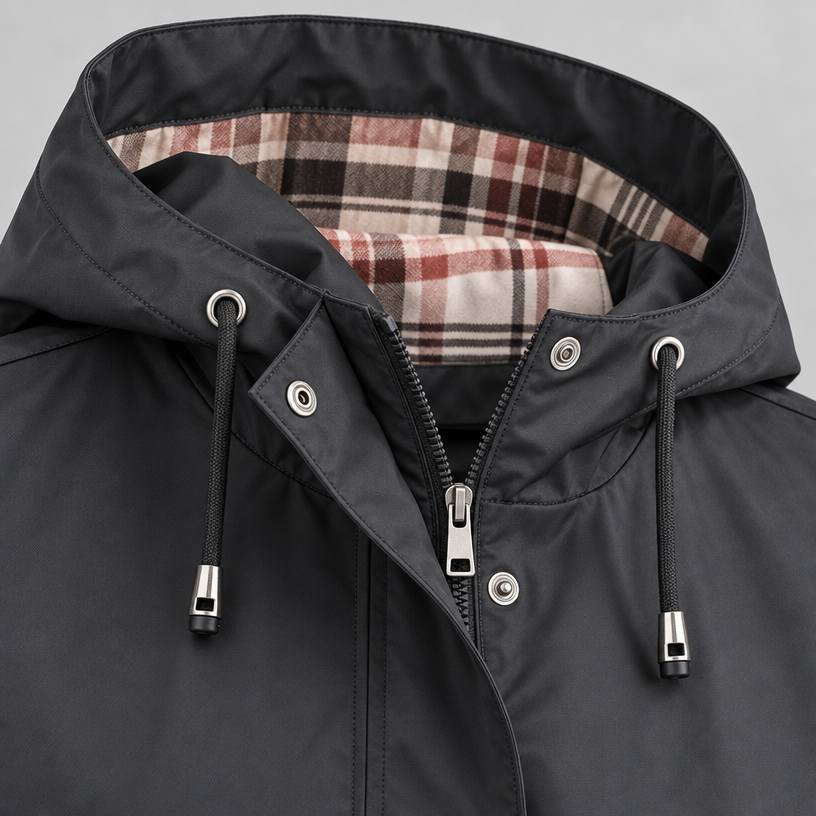Damen Regenjacke mit Kapuze und Karofutter – Regular Fit — Dunkelgrau