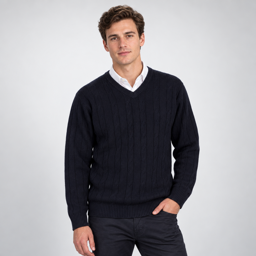 Herren Merino-Zopfstrickpullover mit V-Ausschnitt — Marineblau