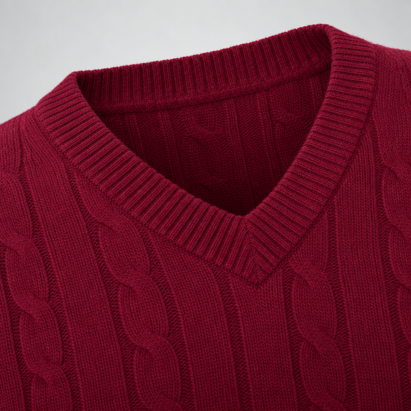 Herren Merino-Zopfstrickpullover mit V-Ausschnitt — Weinrot