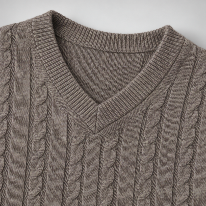 Herren Merino-Zopfstrickpullover mit V-Ausschnitt — Sand